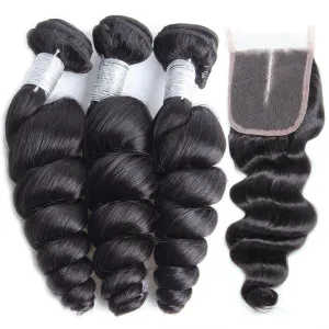 Modern Show 100% Unprocessed Virgin Peruvian Loose Wave Human Hair 3 Bundles With 4X4 Lace Closure