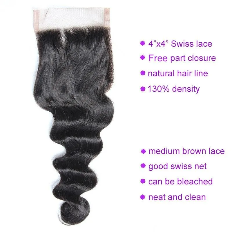 Modern Show 100% Unprocessed Virgin Peruvian Loose Wave Human Hair 3 Bundles With 4X4 Lace Closure