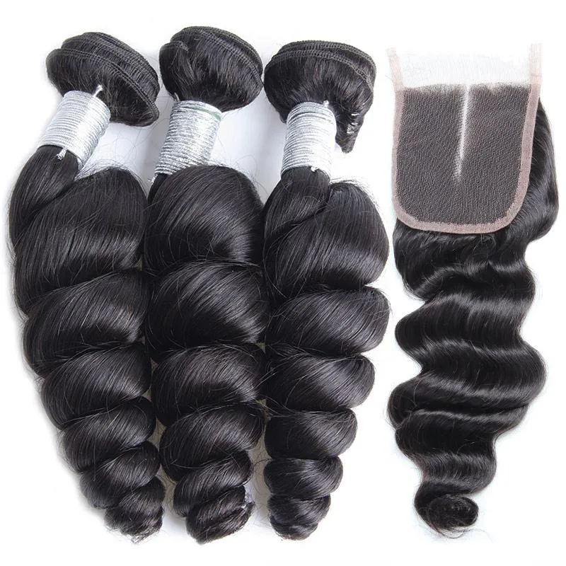 Modern Show 100% Unprocessed Virgin Peruvian Loose Wave Human Hair 3 Bundles With 4X4 Lace Closure