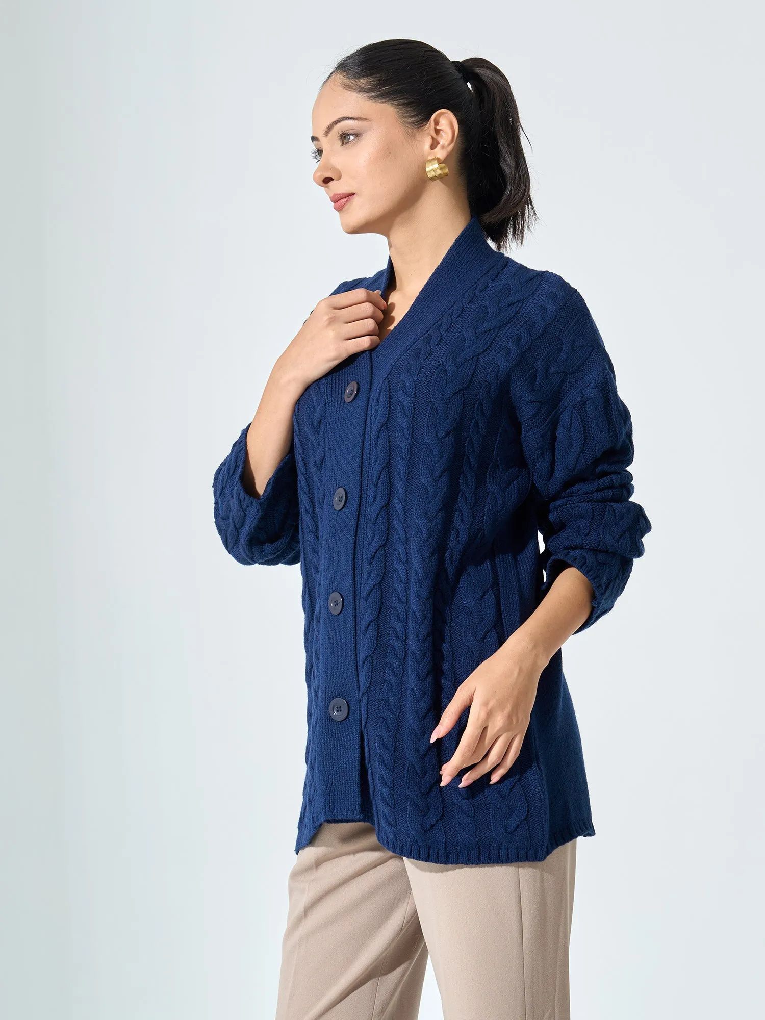 Nordic-Navy Cable Knit Cardigan - Navy