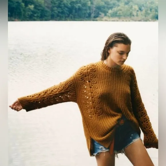 NWT Pilcro Anthropologie Oversized Chunky Devenne Pointelle Crewneck in Maize