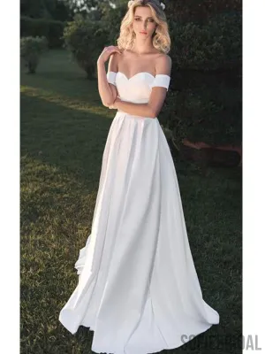 Off Shoulder Long A-line Satin Simple Wedding Dresses, WD0302