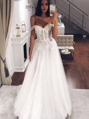 Off-The-Shoulder Lace Appliqued Tulle A-line Long Cheap Wedding Dresses, WDS0043
