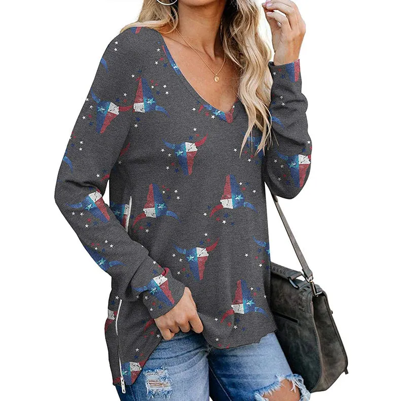 Patterned Long Sleeve Chic Vneck Top