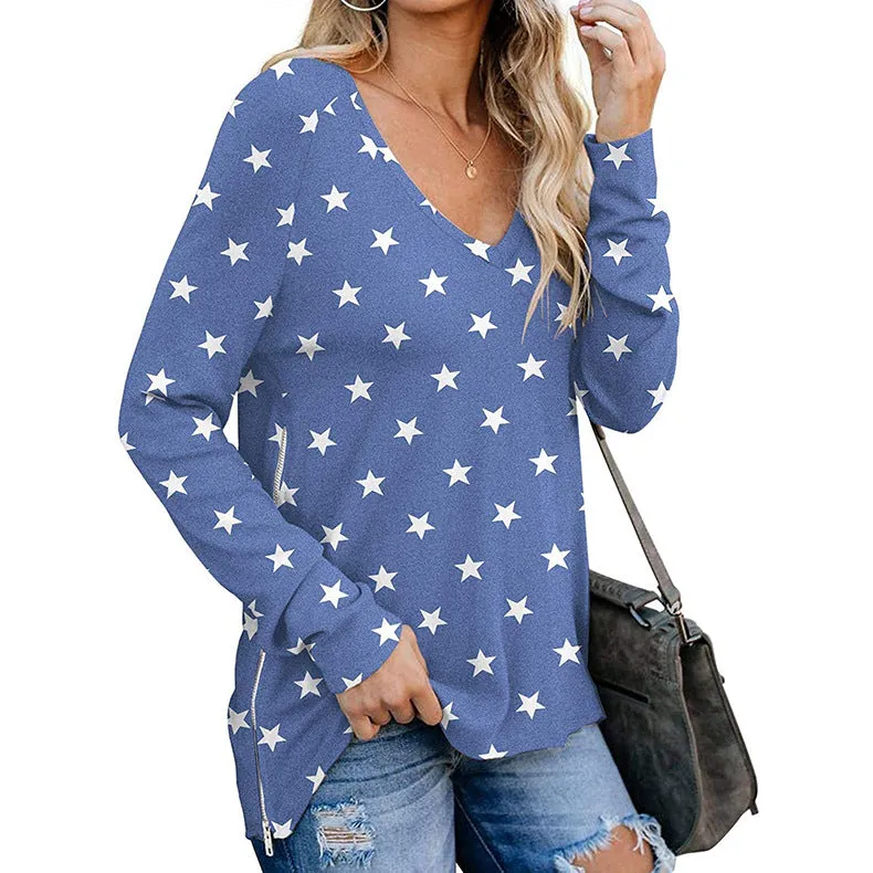 Patterned Long Sleeve Chic Vneck Top