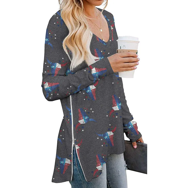 Patterned Long Sleeve Chic Vneck Top