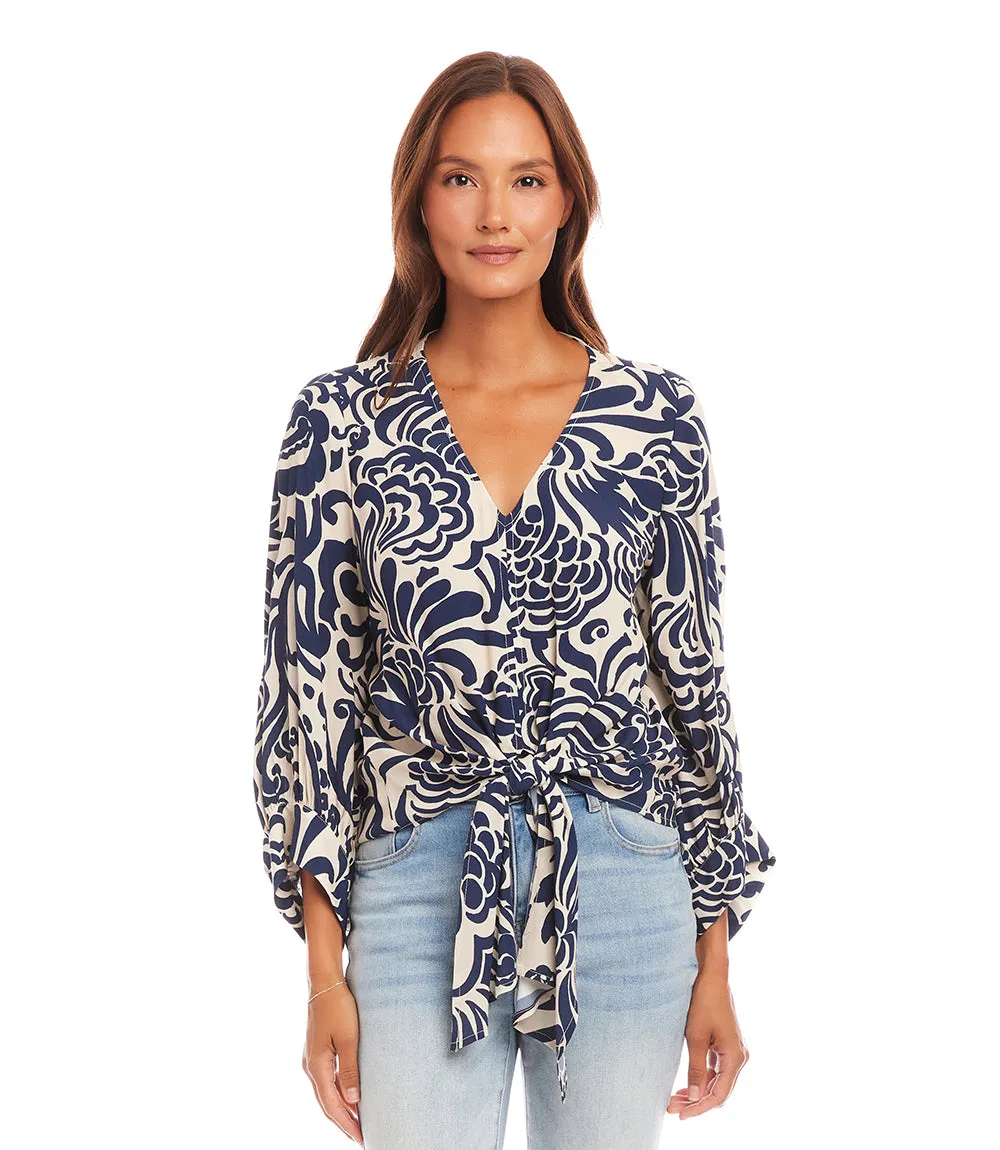 Petite Size Blouson Sleeve Tie Front Top
