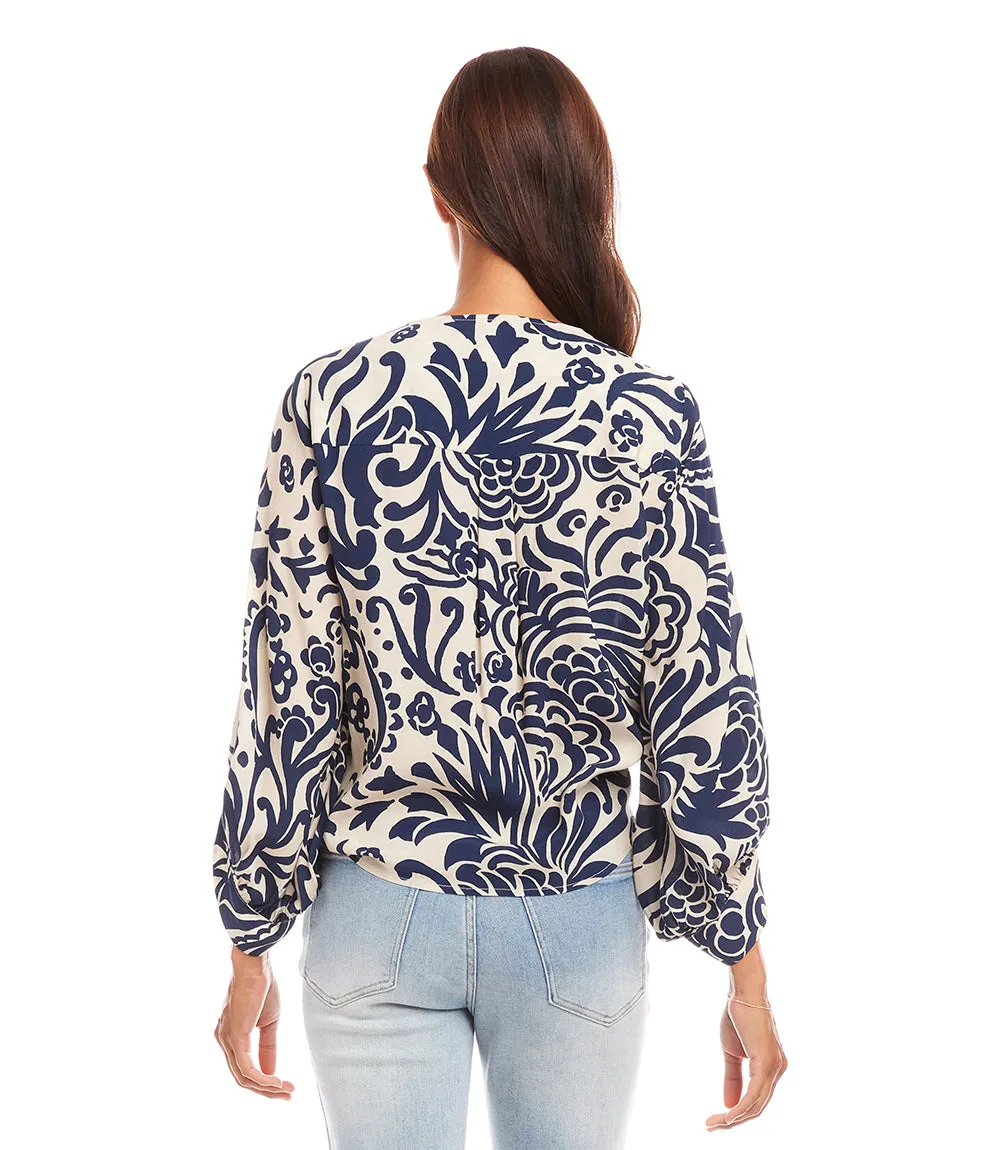 Petite Size Blouson Sleeve Tie Front Top