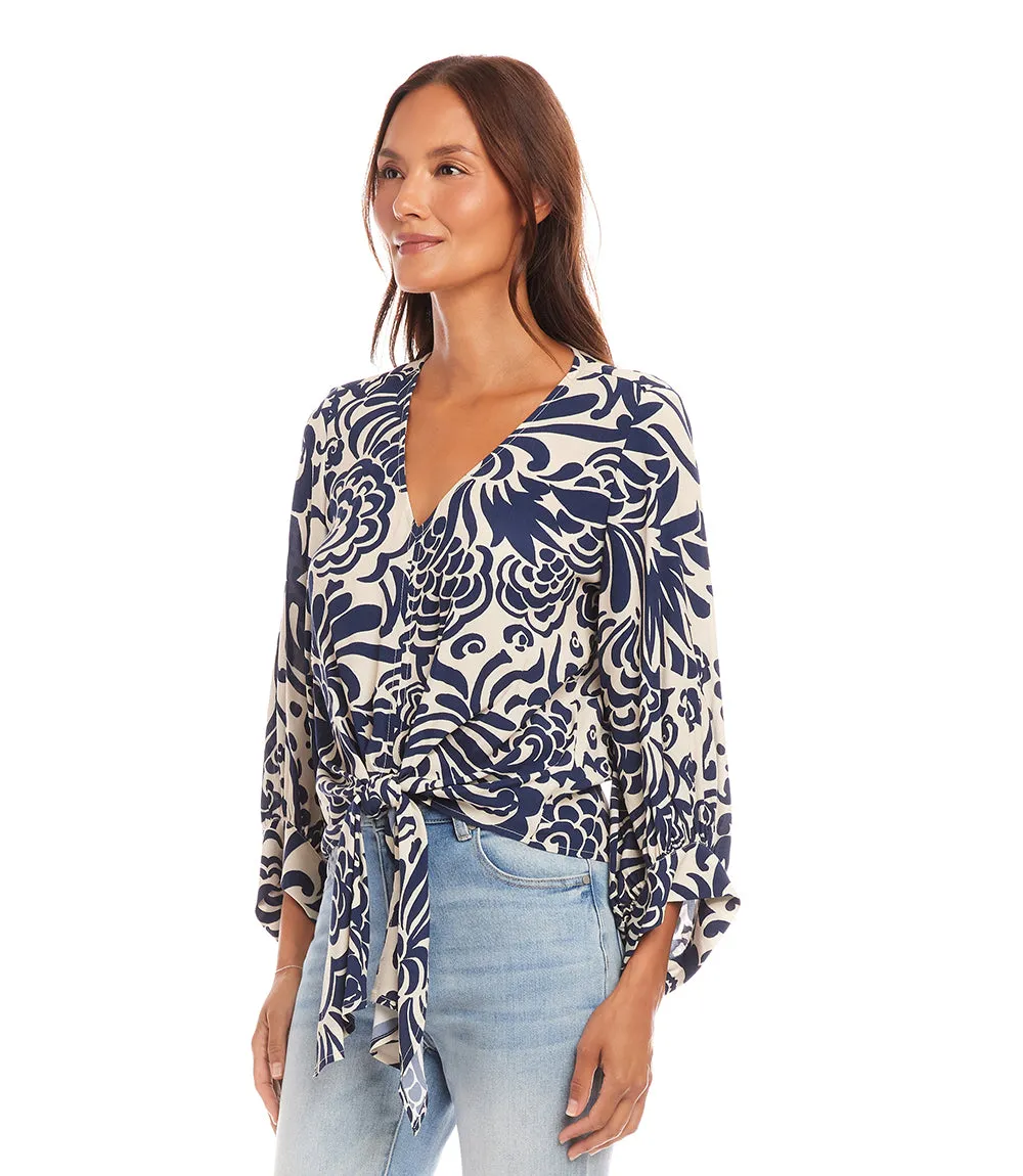 Petite Size Blouson Sleeve Tie Front Top