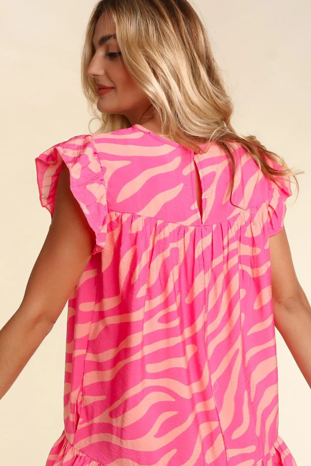 Pink Zebra Stripe Printed Ruffle Trim Pocketed Dress