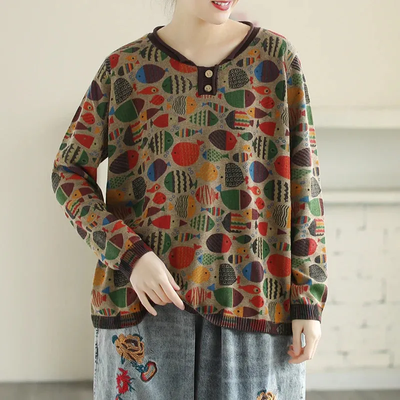 Plus Size Round Neck Fish Print Knitted T-Shirt