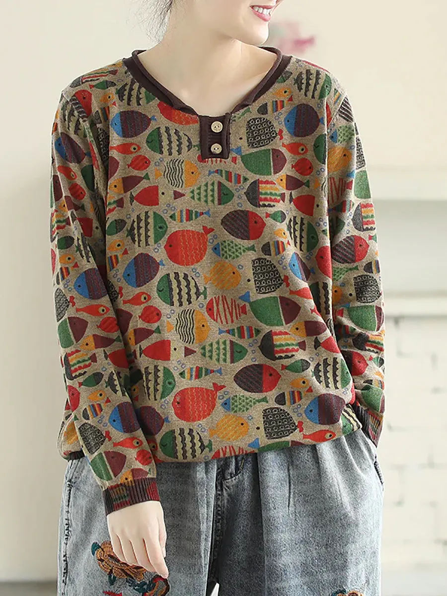 Plus Size Round Neck Fish Print Knitted T-Shirt