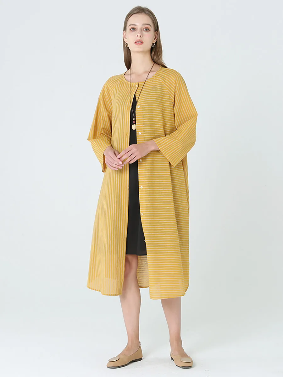 Plus Size Stripe Spring Long Sleeve Single Breasted Loose Dress