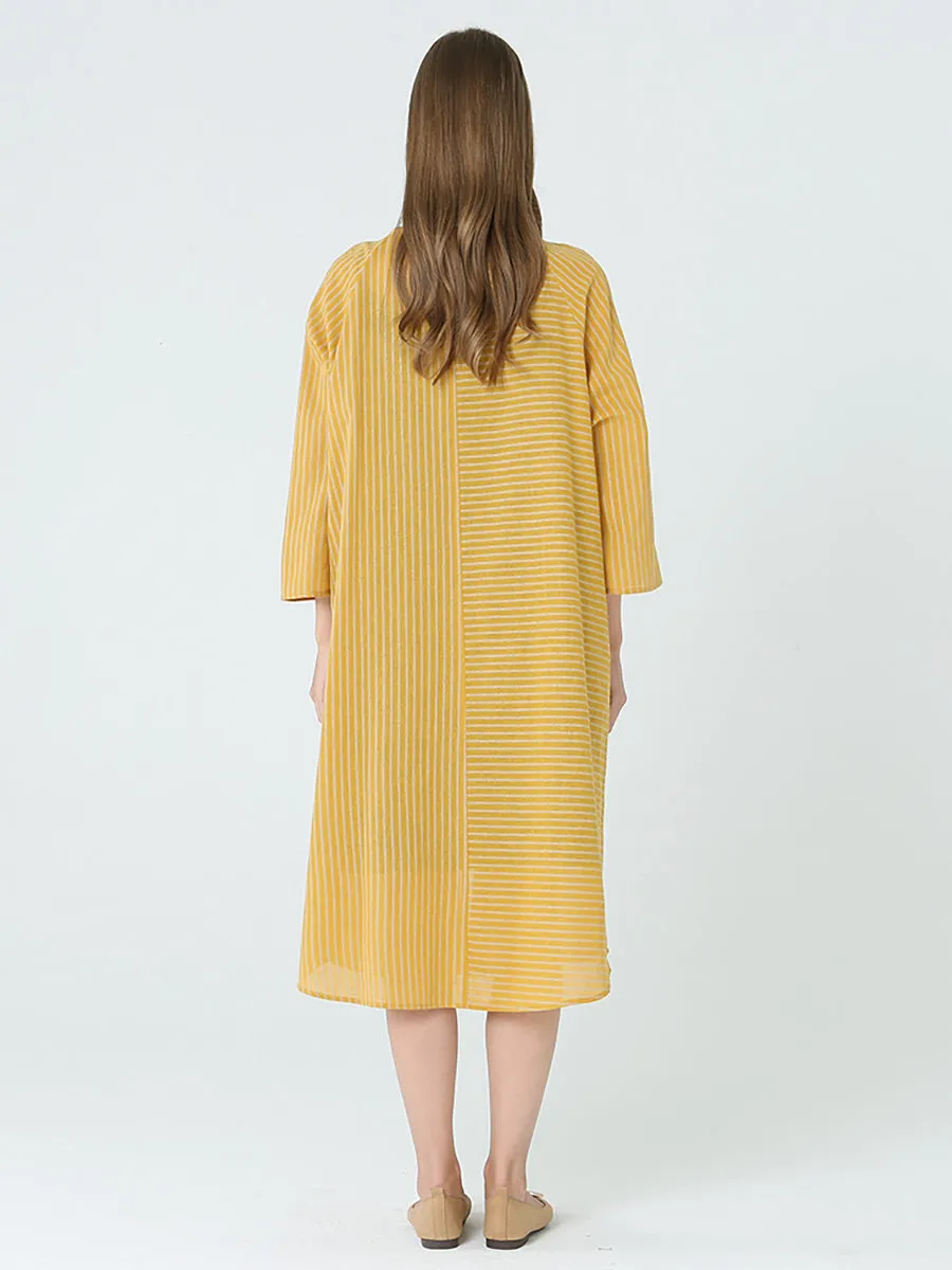 Plus Size Stripe Spring Long Sleeve Single Breasted Loose Dress