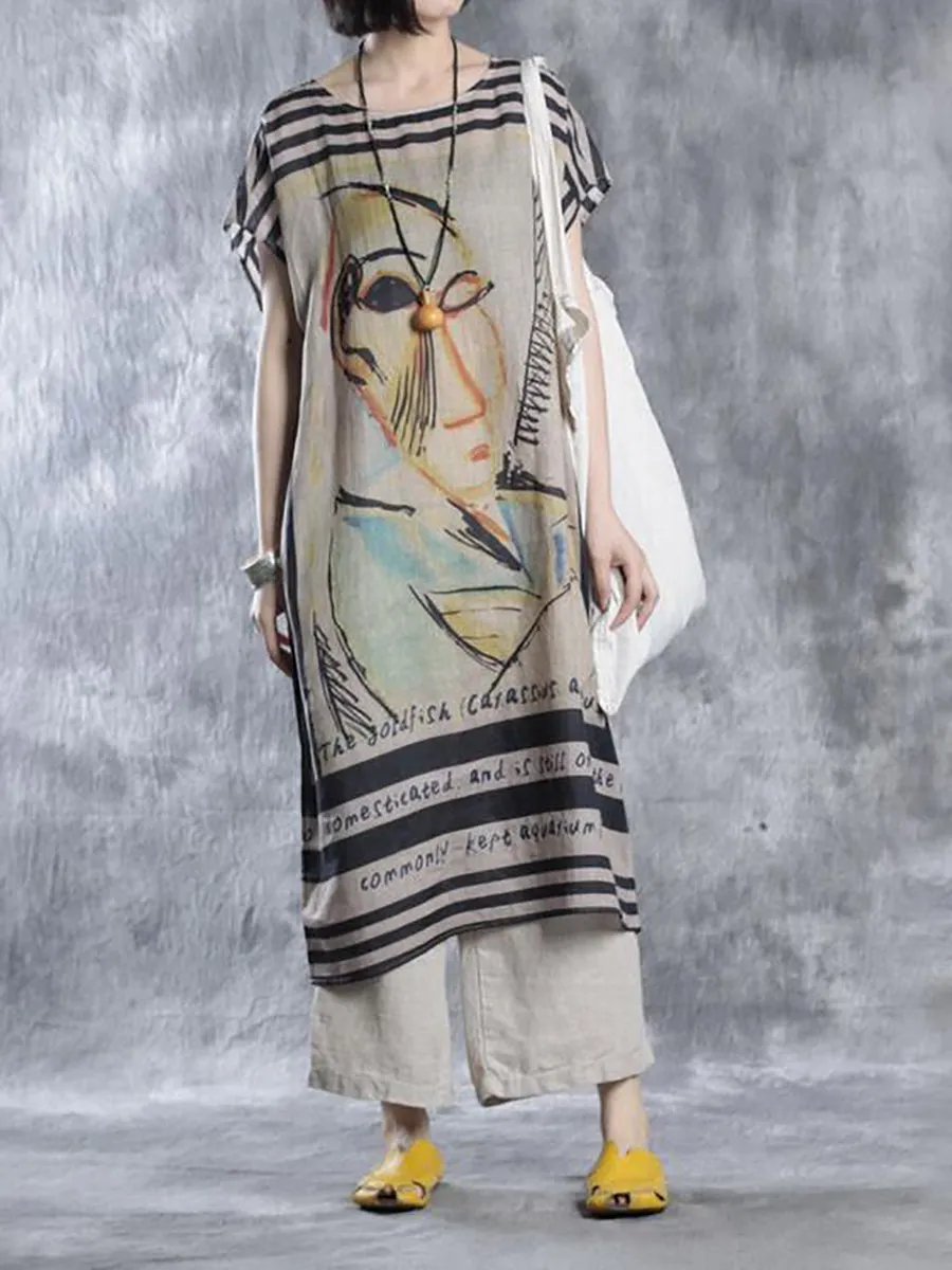 Plus Size Women Summer Vintage Print Loose O-Neck Dress