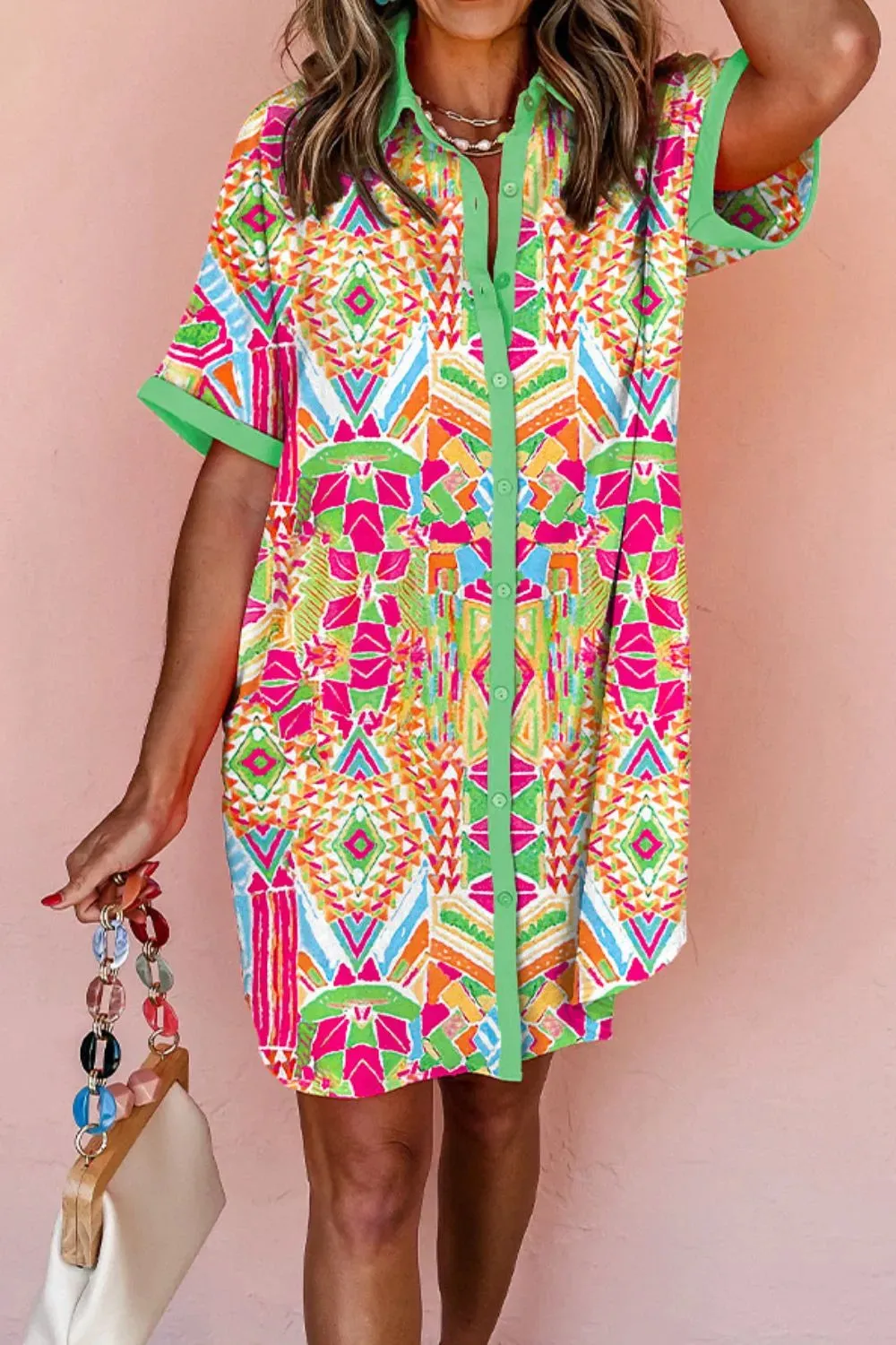 Printed Button Down Short Sleeve Dress