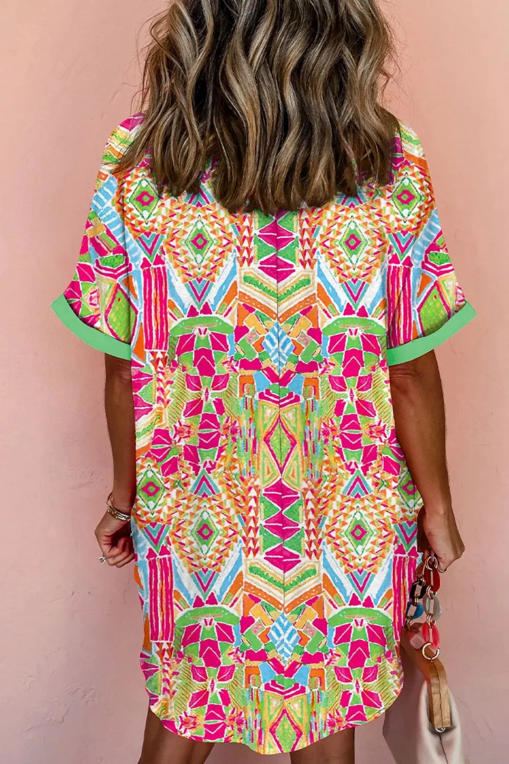 Printed Button Down Short Sleeve Dress
