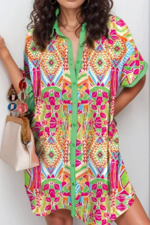 Printed Button Down Short Sleeve Dress
