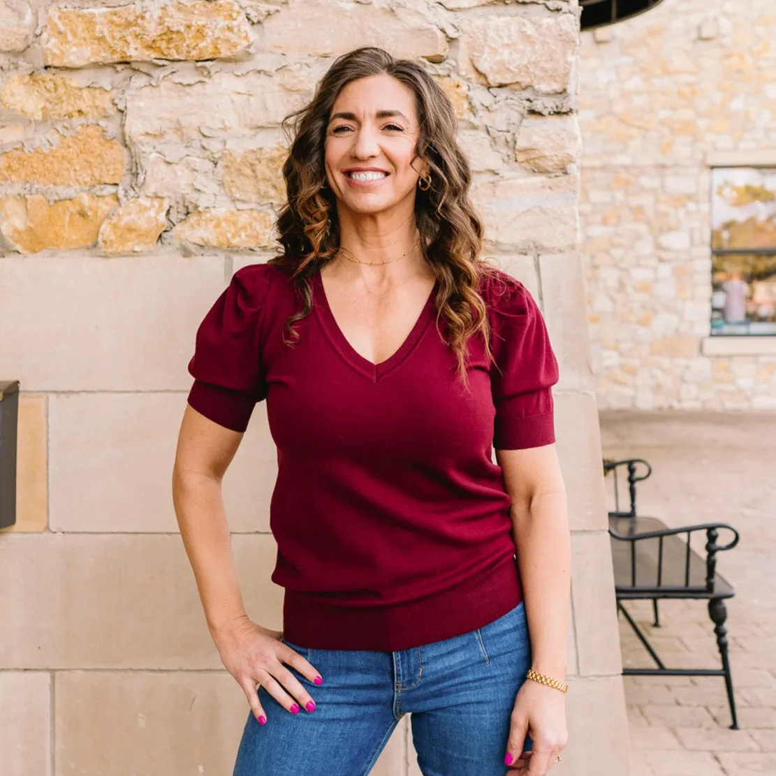 Pure Delight V-Neck Short Puff Sleeve Sweater Top
