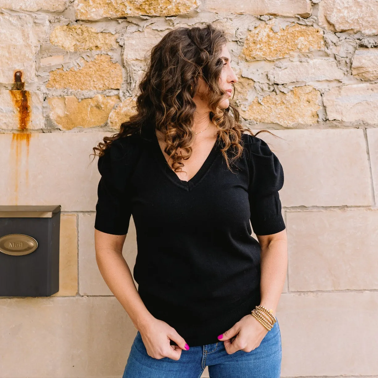 Pure Delight V-Neck Short Puff Sleeve Sweater Top