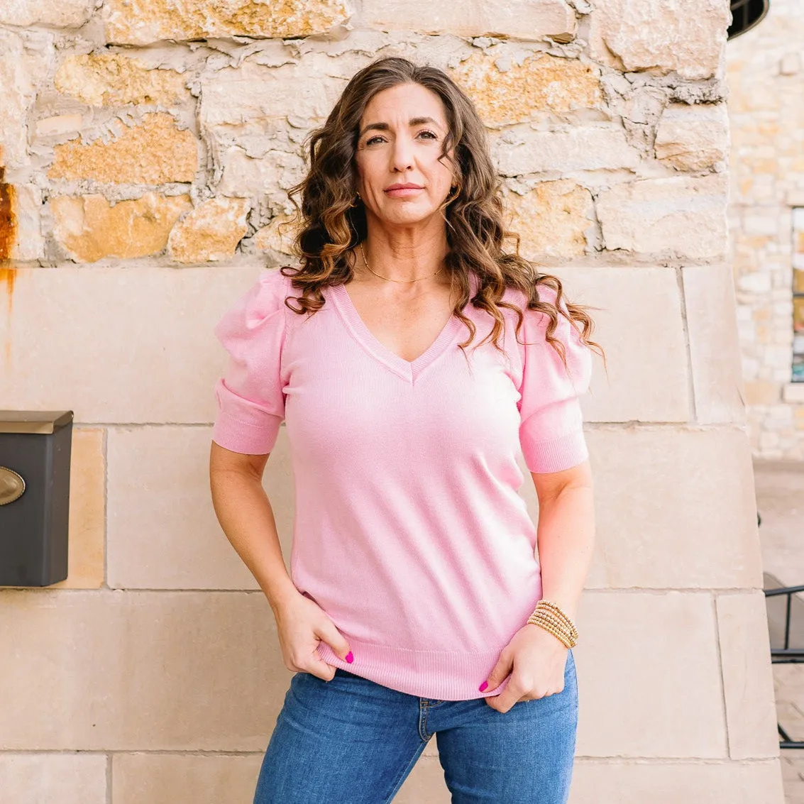 Pure Delight V-Neck Short Puff Sleeve Sweater Top