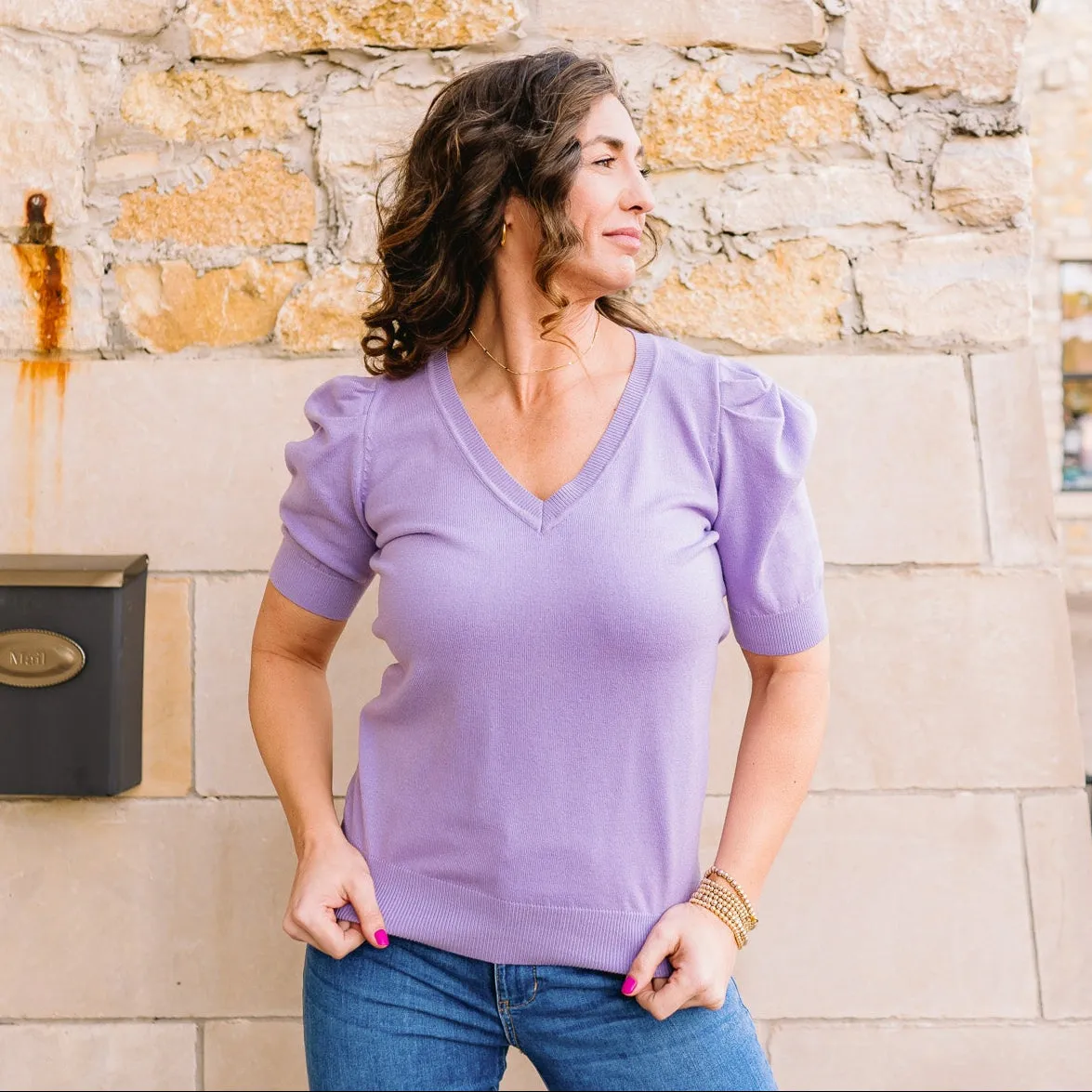 Pure Delight V-Neck Short Puff Sleeve Sweater Top
