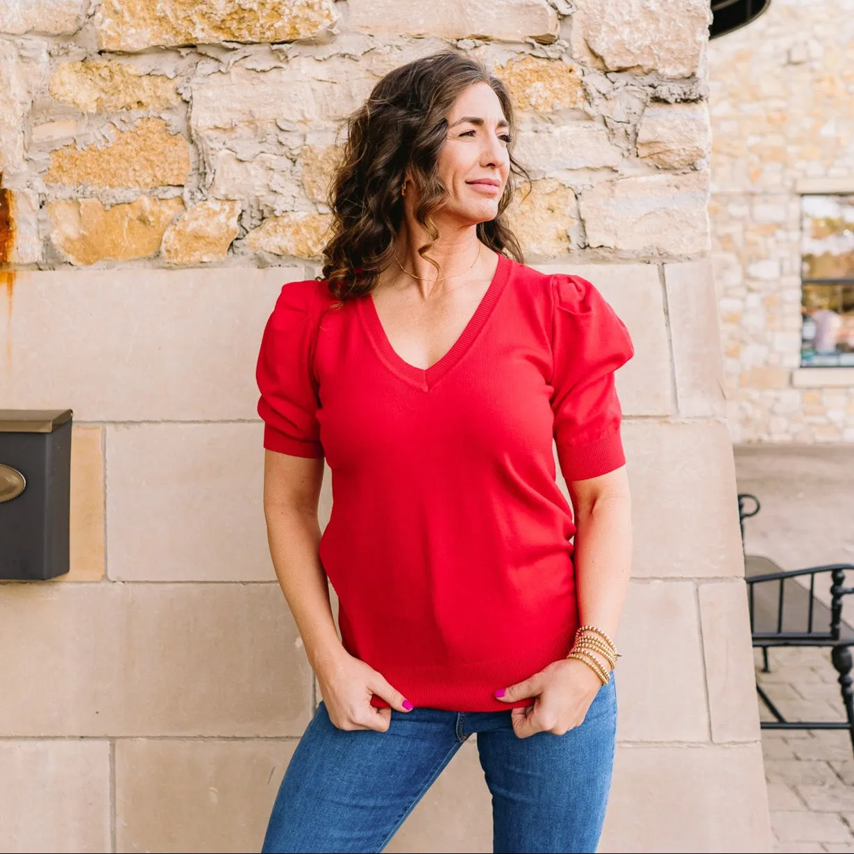 Pure Delight V-Neck Short Puff Sleeve Sweater Top