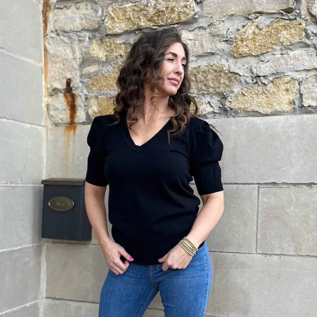 Pure Delight V-Neck Short Puff Sleeve Sweater Top