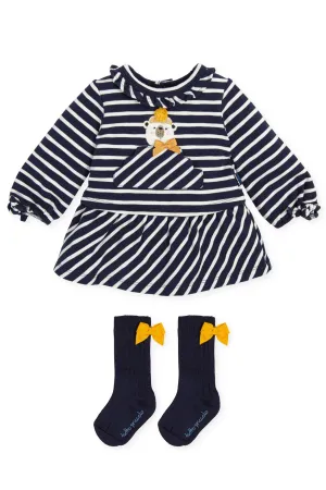 "Etta" Navy Striped Bear Dress & Socks