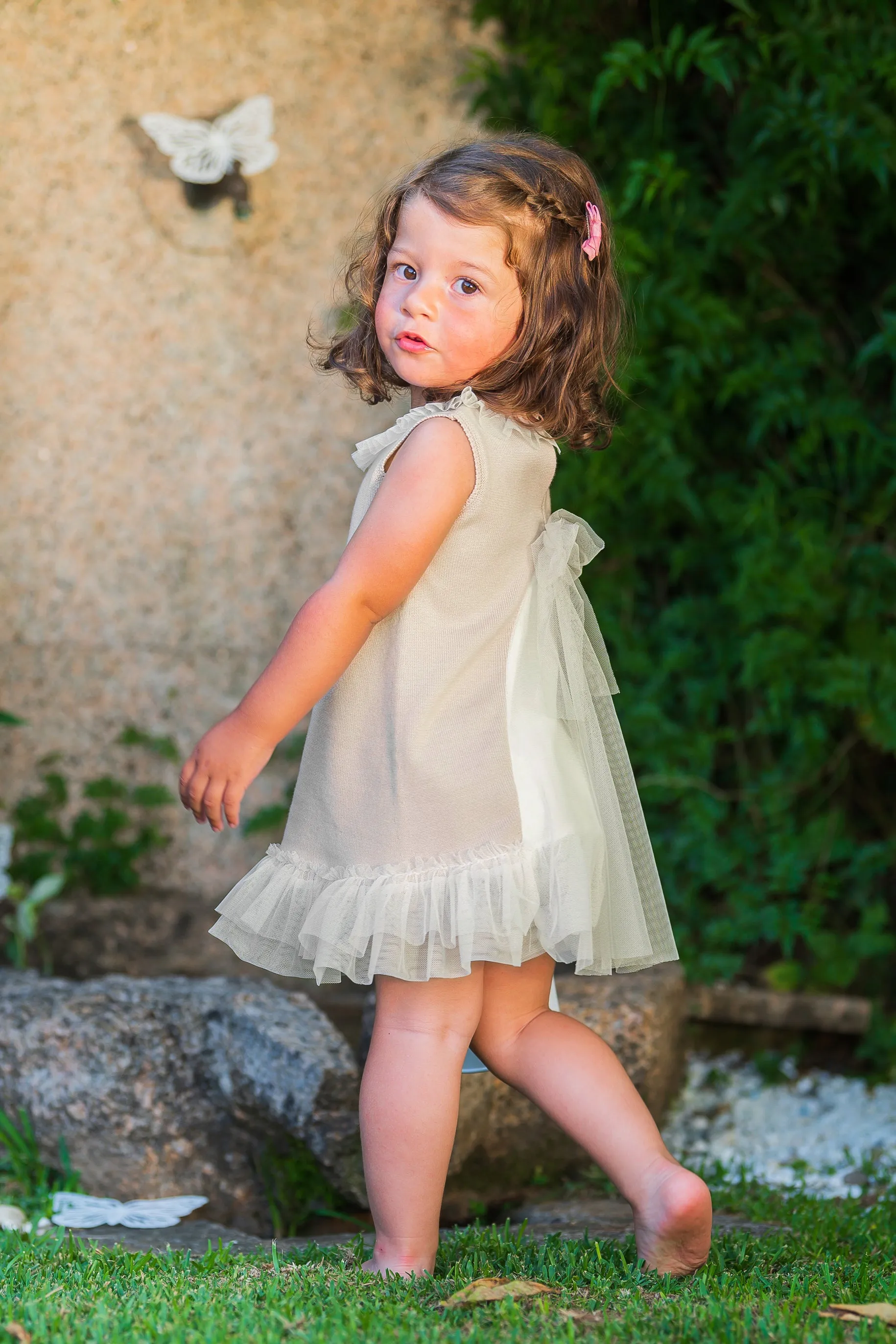 "Grace" Sparkly Stone Knit Tulle Bow Dress