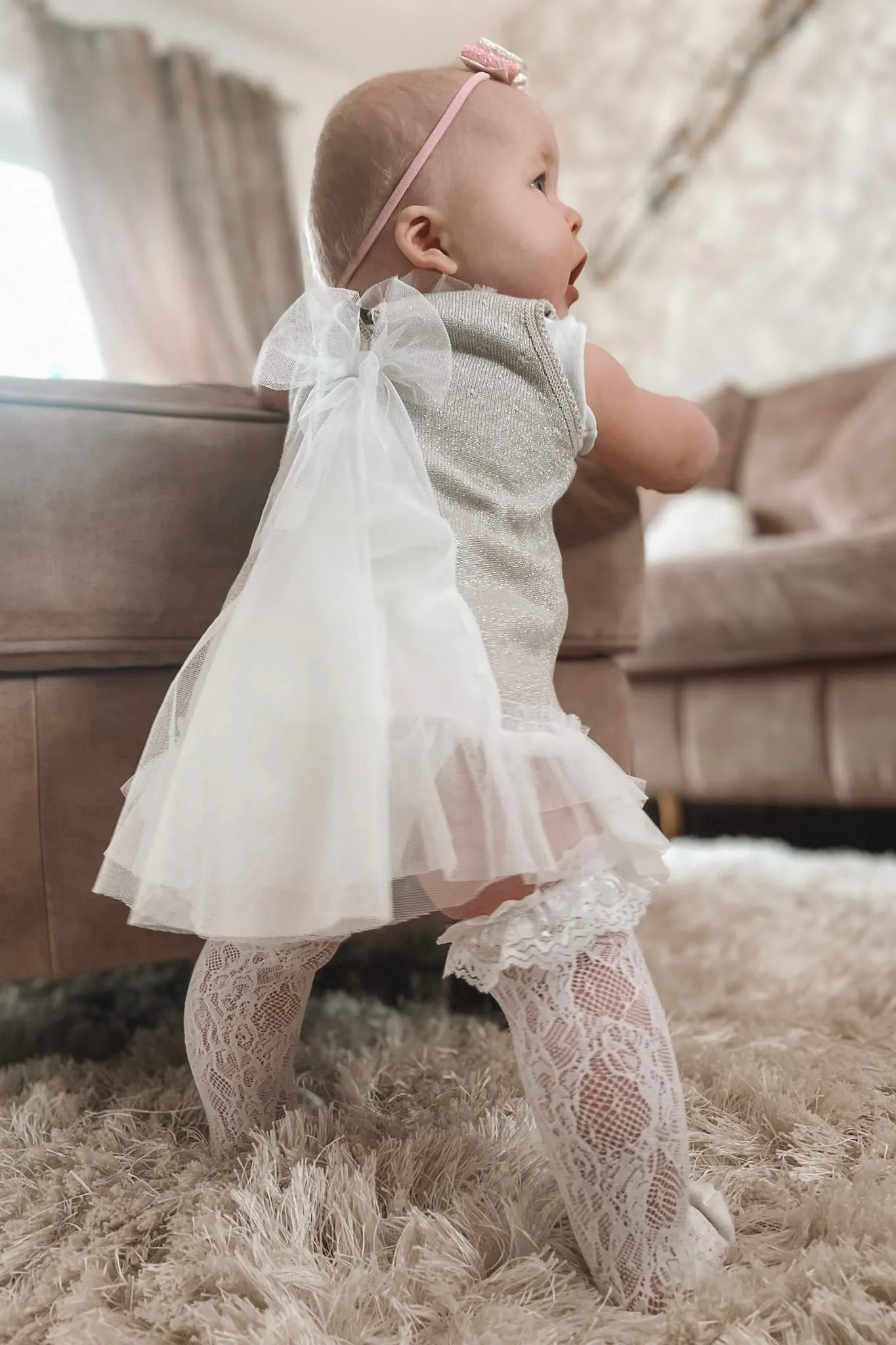 "Grace" Sparkly Stone Knit Tulle Bow Dress
