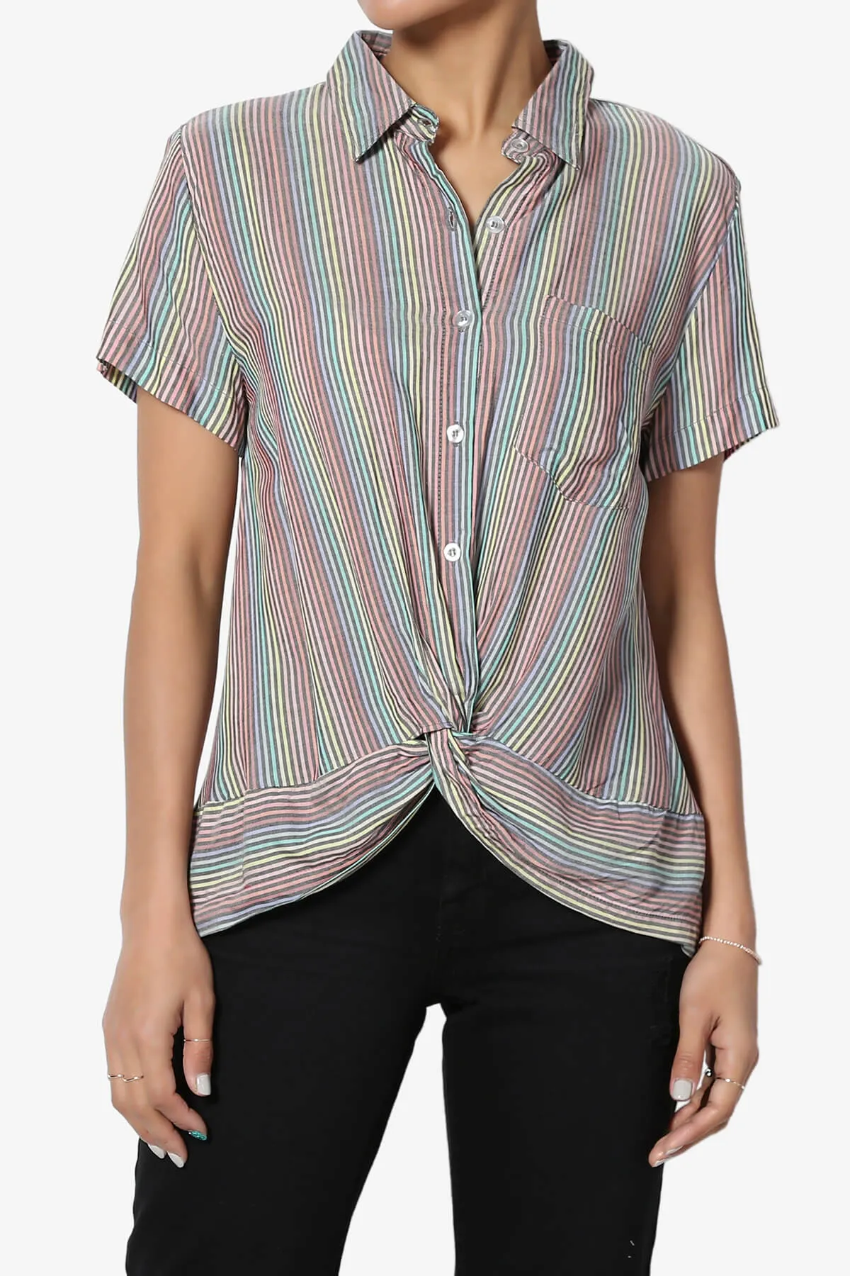 Rainbow Stripe Button Front Blouse