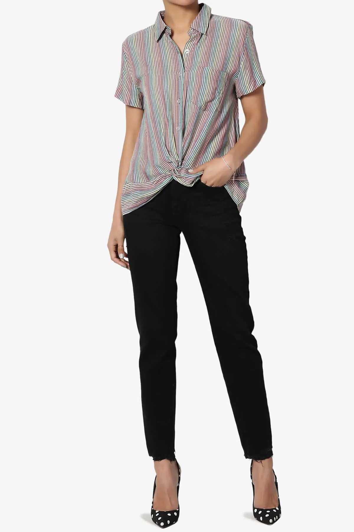 Rainbow Stripe Button Front Blouse