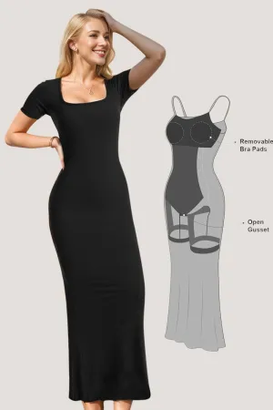 Ready for the World Built-In Shapewear Square Neck Short Sleeve Maxi Dress