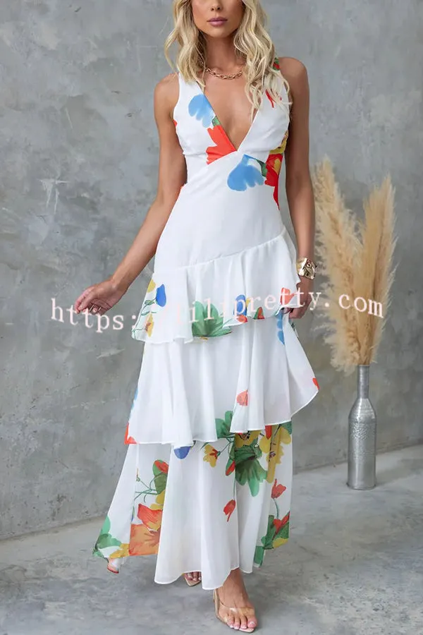 Refreshing Floral Print Back Lace-up Multi-teir Ruffle Hem Maxi Dress