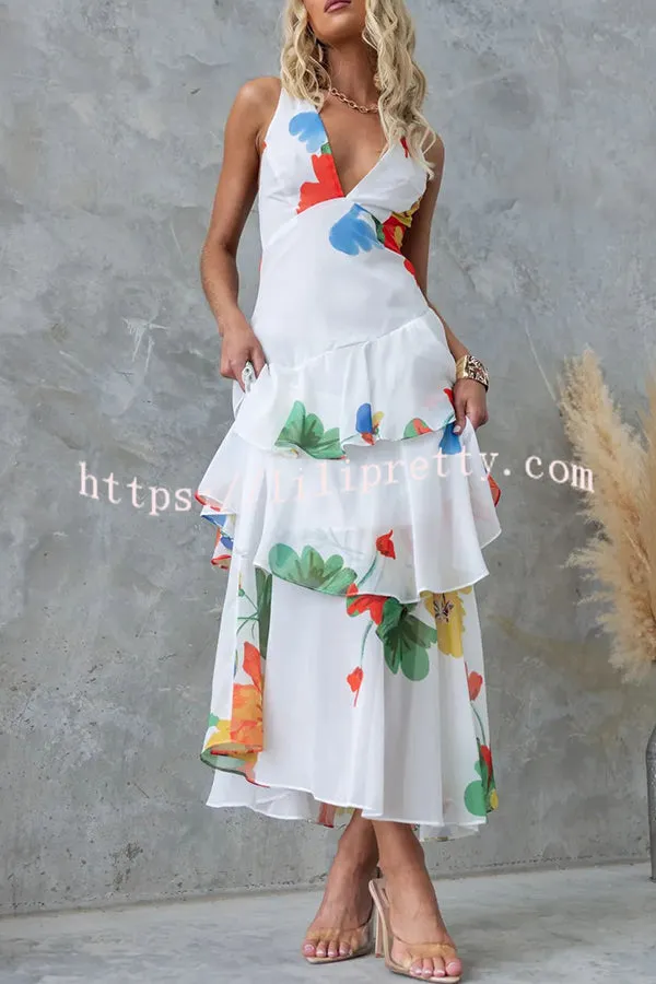 Refreshing Floral Print Back Lace-up Multi-teir Ruffle Hem Maxi Dress