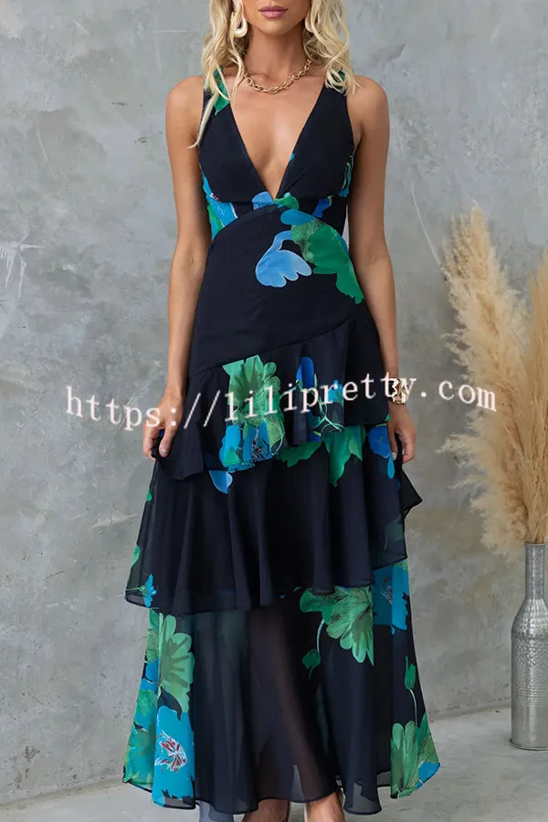 Refreshing Floral Print Back Lace-up Multi-teir Ruffle Hem Maxi Dress