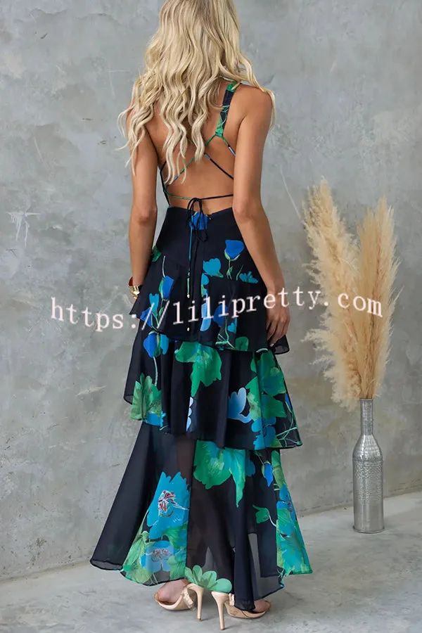 Refreshing Floral Print Back Lace-up Multi-teir Ruffle Hem Maxi Dress