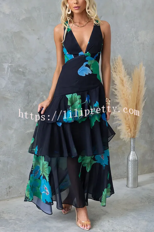 Refreshing Floral Print Back Lace-up Multi-teir Ruffle Hem Maxi Dress