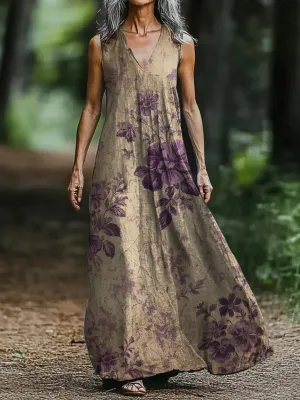 Retro Floral Print V-neck Sleeveless Loose Midi Dress