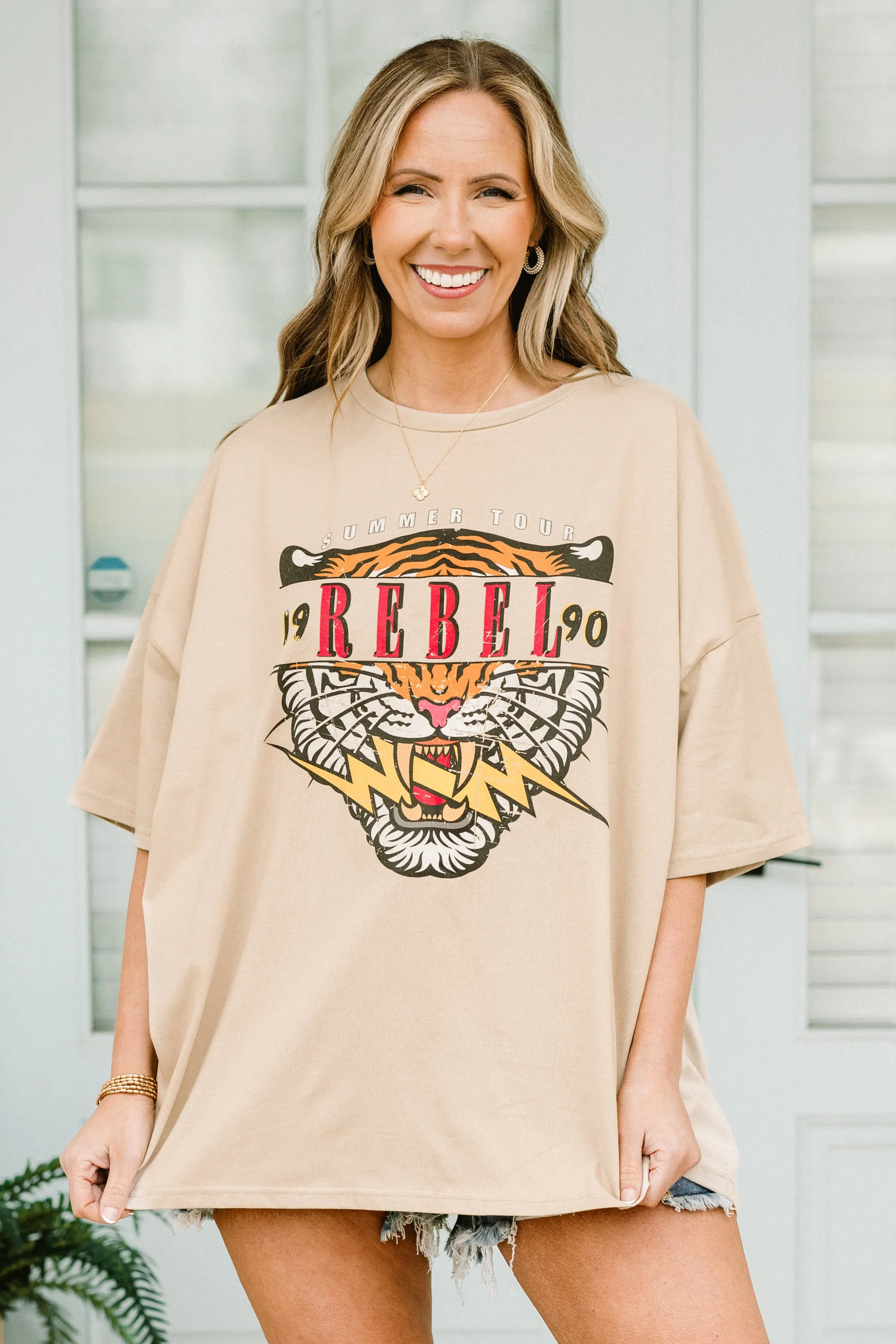 Retro Rebel Boyfriend Tee, Light Mocha