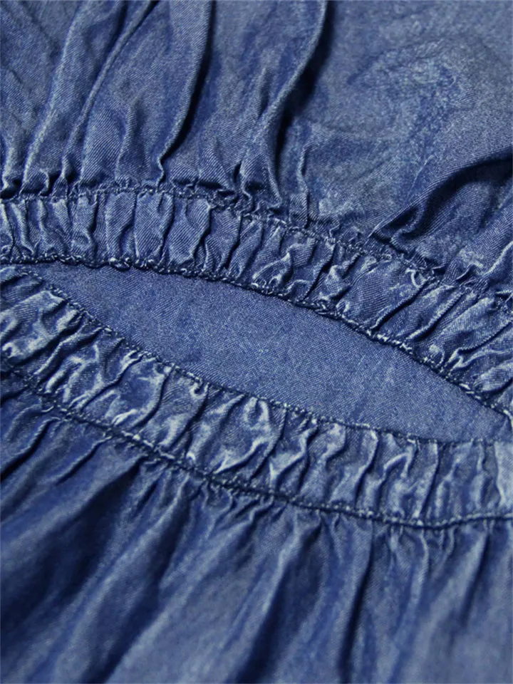 Retro V-neck Pleated Waisted Denim Dresses for Women