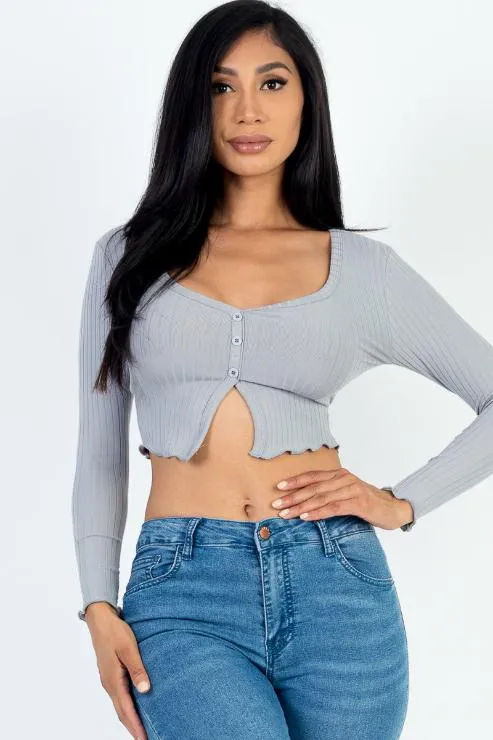 Ribbed Button Front Split Long Sleeve Top (CAPELLA)