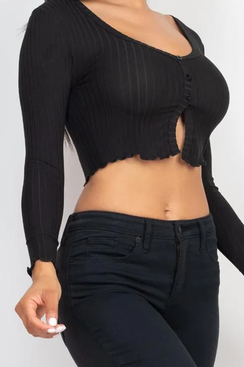 Ribbed Button Front Split Long Sleeve Top (CAPELLA)