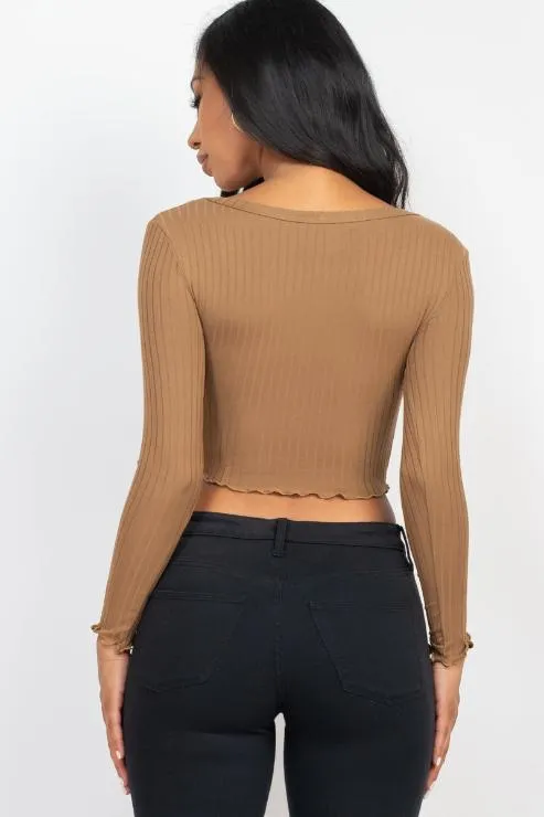 Ribbed Button Front Split Long Sleeve Top (CAPELLA)