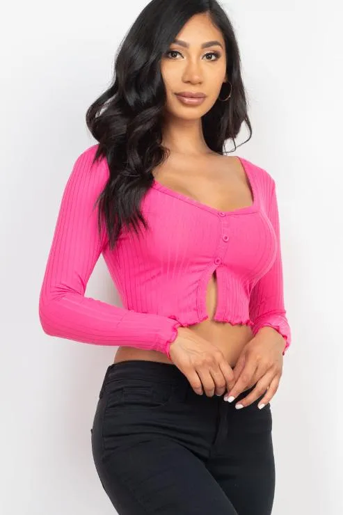 Ribbed Button Front Split Long Sleeve Top (CAPELLA)
