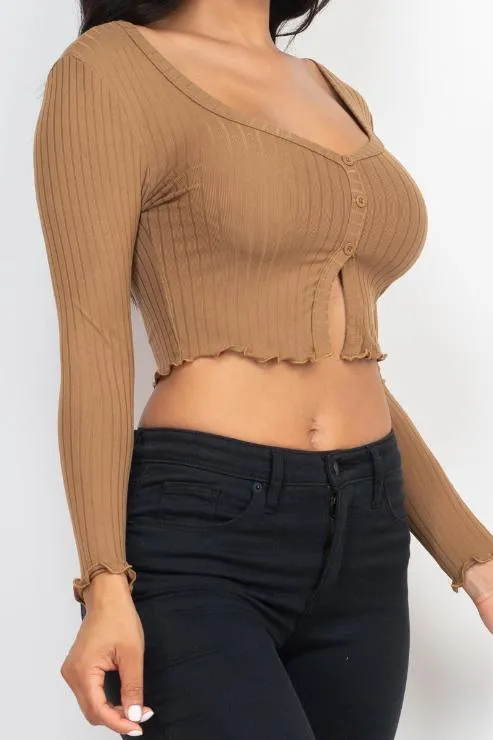 Ribbed Button Front Split Long Sleeve Top (CAPELLA)