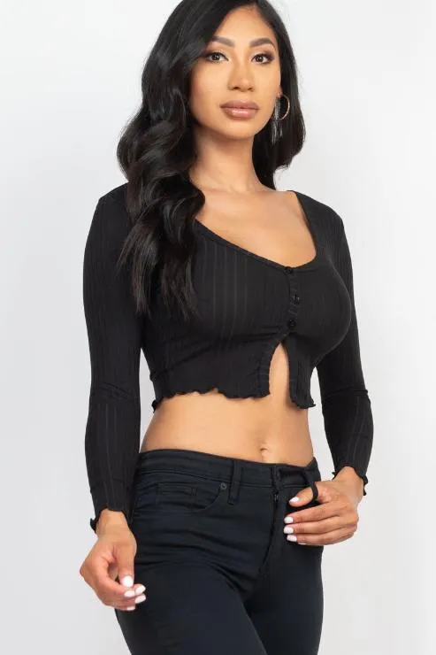 Ribbed Button Front Split Long Sleeve Top (CAPELLA)