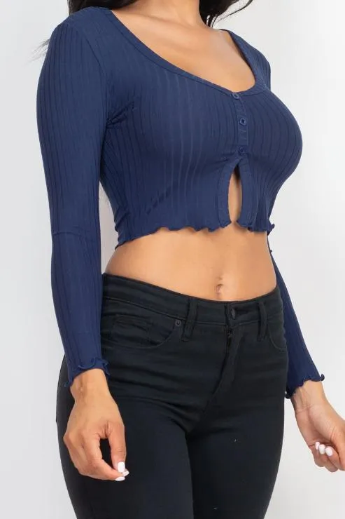 Ribbed Button Front Split Long Sleeve Top (CAPELLA)