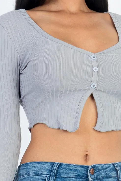 Ribbed Button Front Split Long Sleeve Top (CAPELLA)